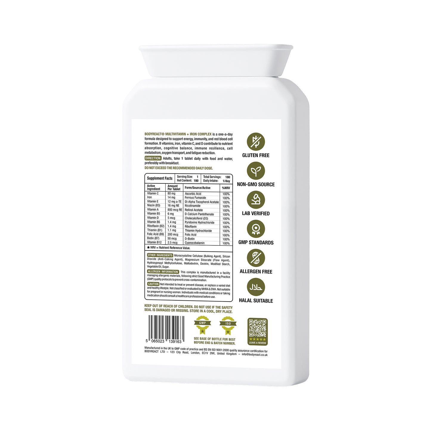Multivitamin + Iron Complex – Daily Immune & Energy Support with B Vitamins, Iron, & Antioxidants (180 Tablets)