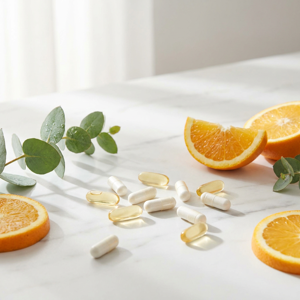 Immunity and daily essentials supplements UK - vitamin capsules with fresh orange on white marble
